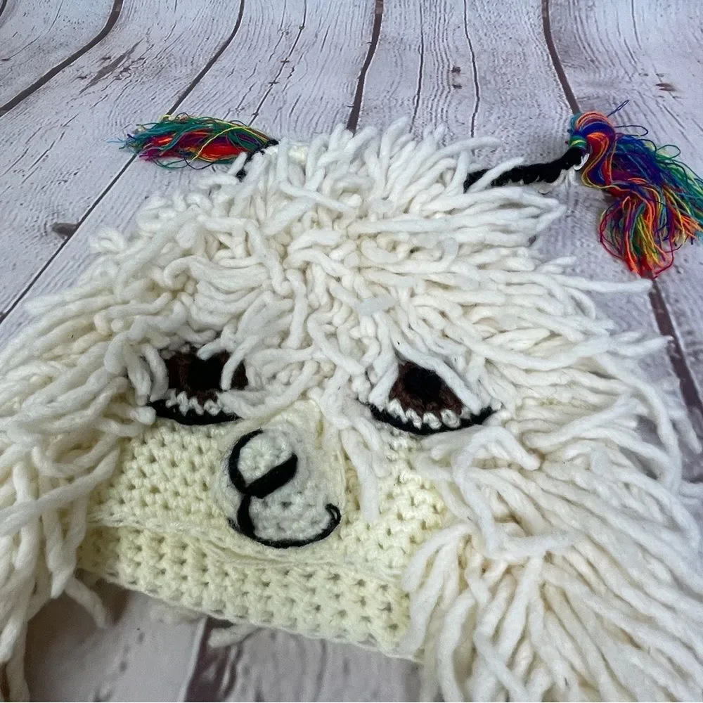 Fun alpaca llama animal knit novelty costume ski hat with ear flaps, OS - Picture 3 of 10